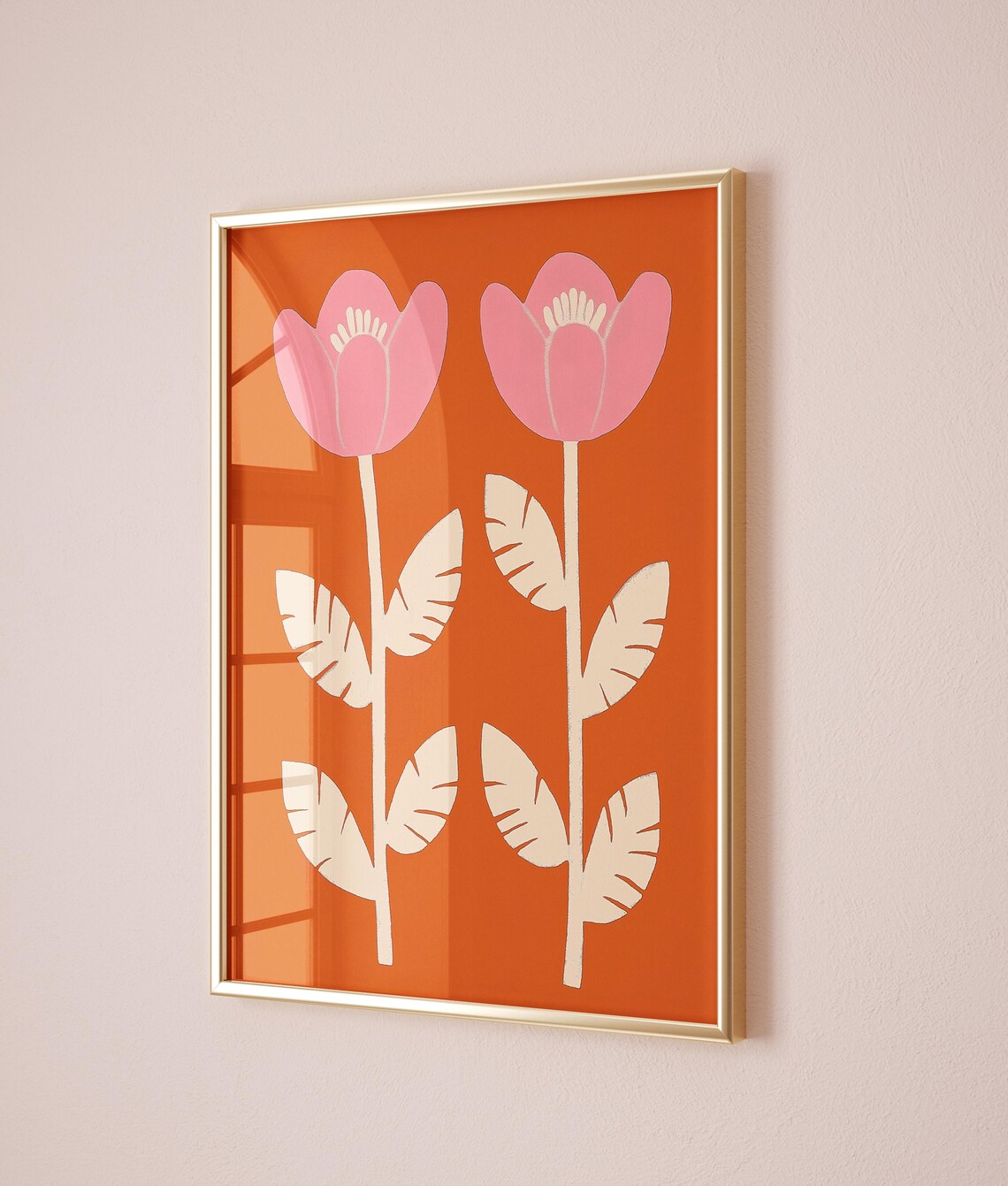 Retro Pink Tulip Flower Print Orange Scandinavian Folk Wall Poster - Image 3