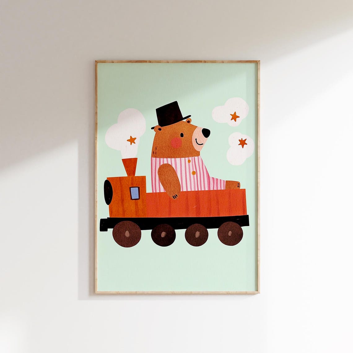 Bear In Top Hat Driving Orange Train Nursery Kids Animal Poster - Image 2