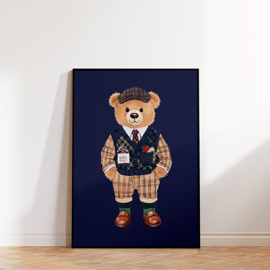 Preppy Teddy Bear in Plaid Vest and Flat Cap Classic Nursery Wall Poster - Image 2