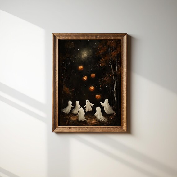 Ghosts With Floating Pumpkins Starry Night Vintage Halloween Art Poster