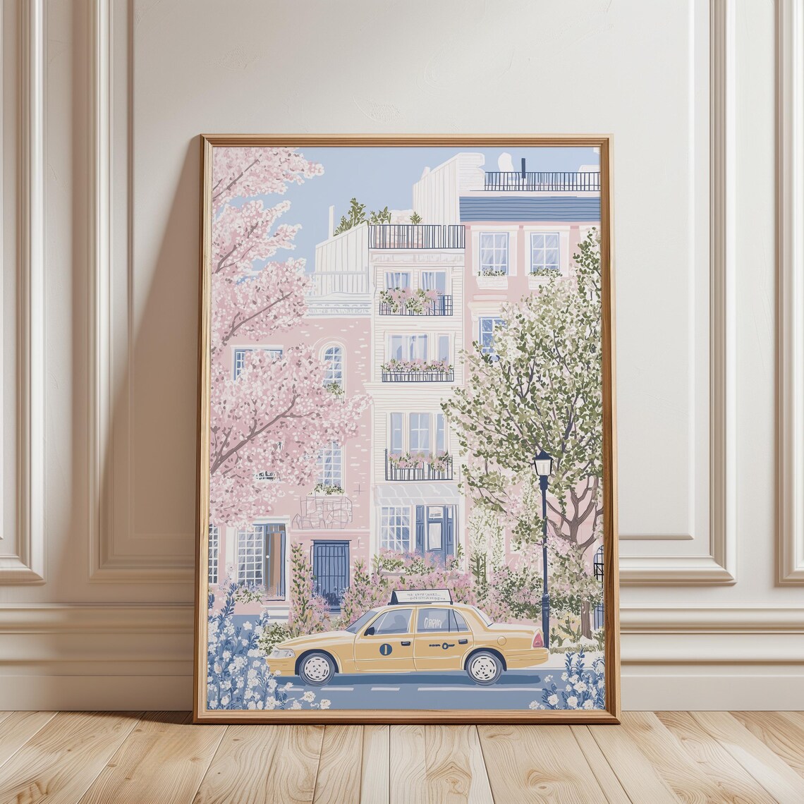 New York Spring Street Cherry Blossom Yellow Taxi City Poster