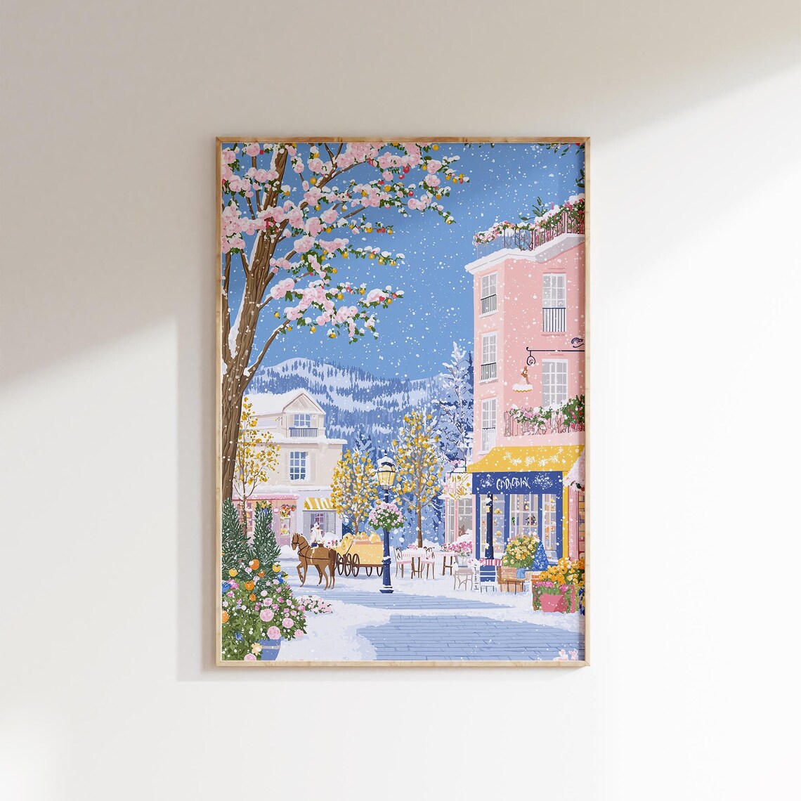 Snowy Village Street Horse Carriage Cherry Blossom Winter Poster - Image 2