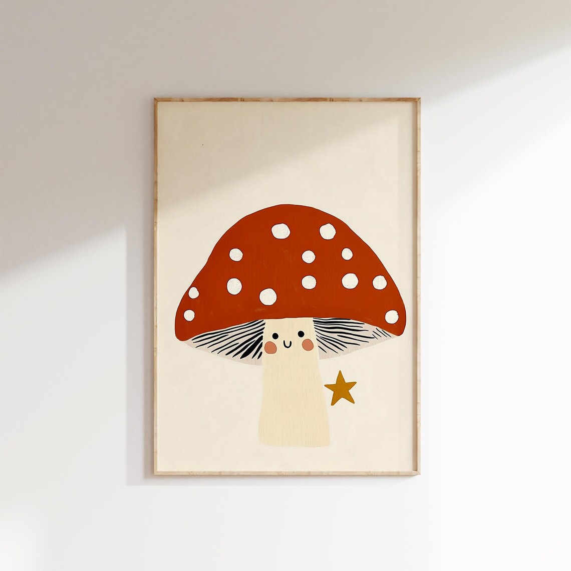 Smiling Mushroom Red Spotted Cap Gold Star Cute Nursery Poster - Image 2