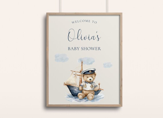 Olivia Baby Shower Welcome Sign Sailor Bear Nautical Party Poster