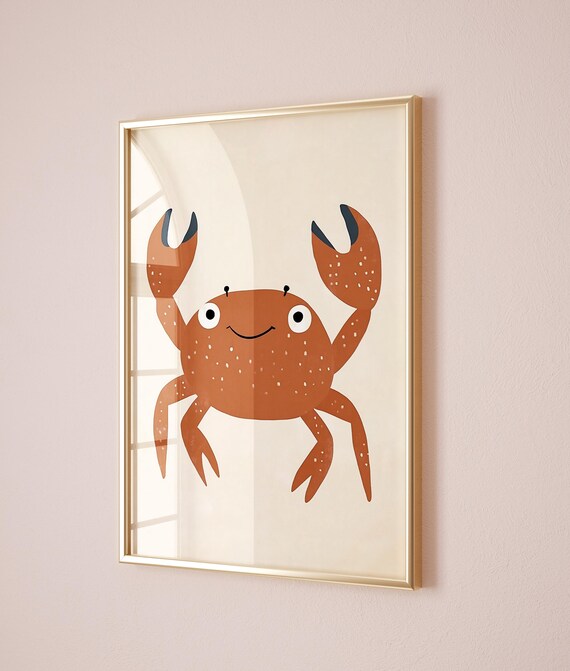 Smiling Crab Orange Beach Ocean Theme Modern Kids Nursery Poster