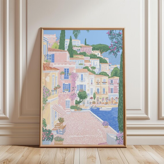Mediterranean Harbor Village Pastel Houses Boats Coastal Poster