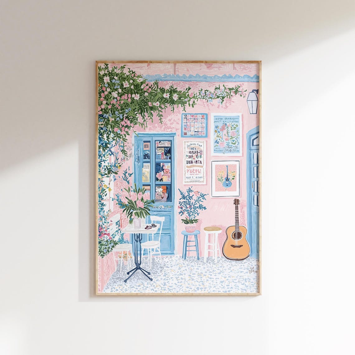 Pink Paris Cafe Guitar Blue Shutters Flowering Vines Poster Decor - Image 3