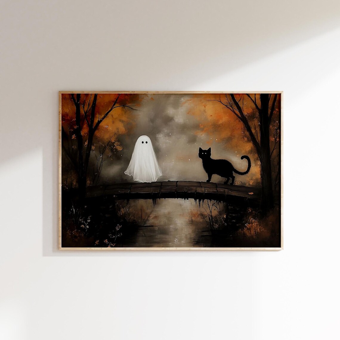 Ghost And Black Cat Crossing Autumn Bridge At Night Halloween Poster