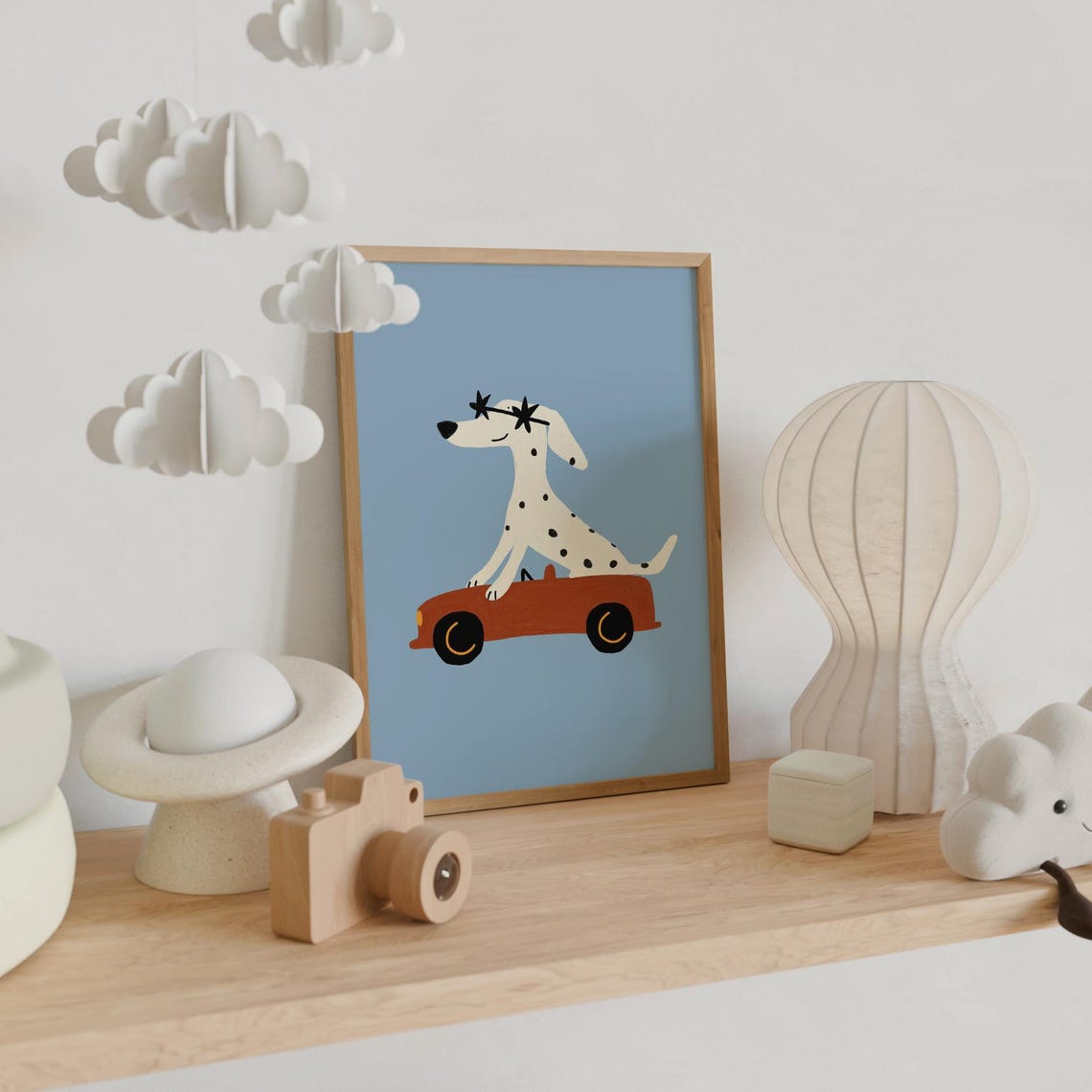 Spotted Dalmatian Driving a Red Car Cute Nursery Kids Room Wall Art