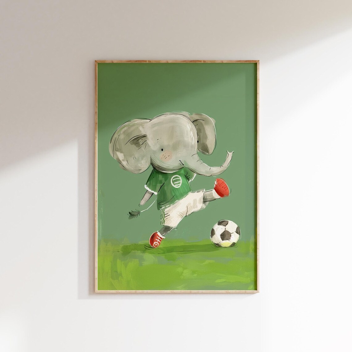 Cute Elephant Kicking Soccer Ball Green Jersey Kids Sports Nursery Poster