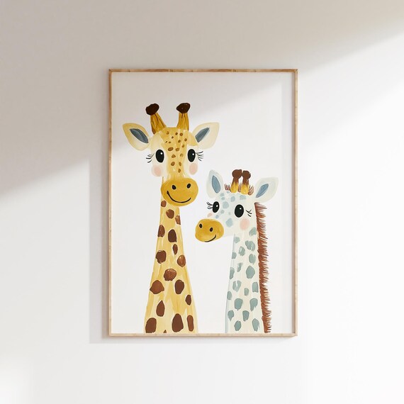 Two Smiling Watercolor Giraffes Nursery Animal Portrait Print