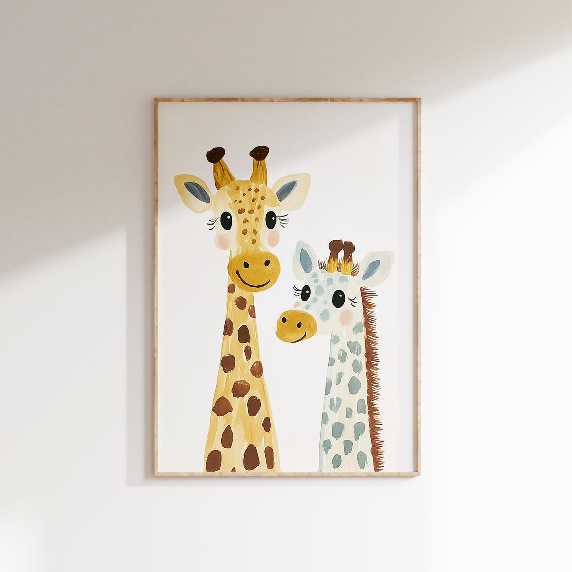 Two Smiling Watercolor Giraffes Nursery Animal Portrait Print