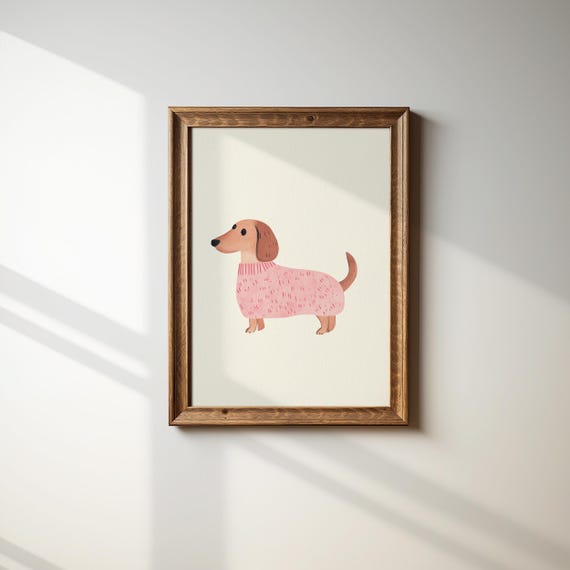 Dachshund In Sweater Wall Art Nursery Dog Print Kids Room Decor Cute Animal Illustration Wall Art Playroom Poster