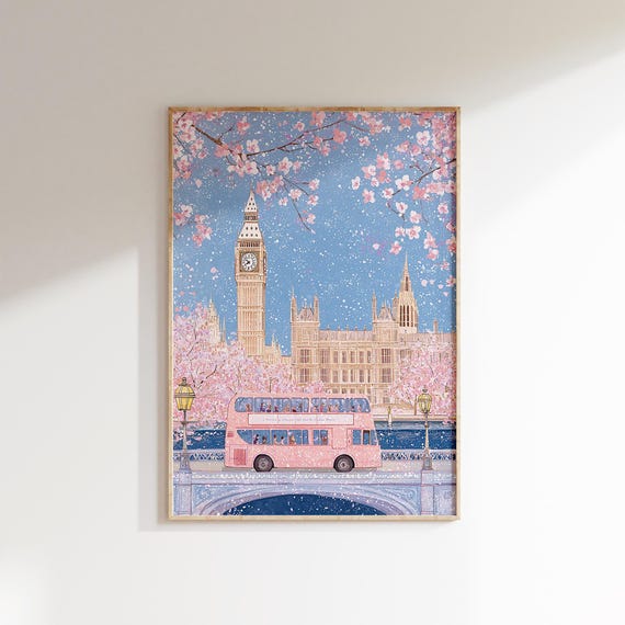 London Big Ben Print Pink Double Decker Bus Art London Travel Decor Cherry Blossom Wall Art Iconic Uk Cityscape Print British Art