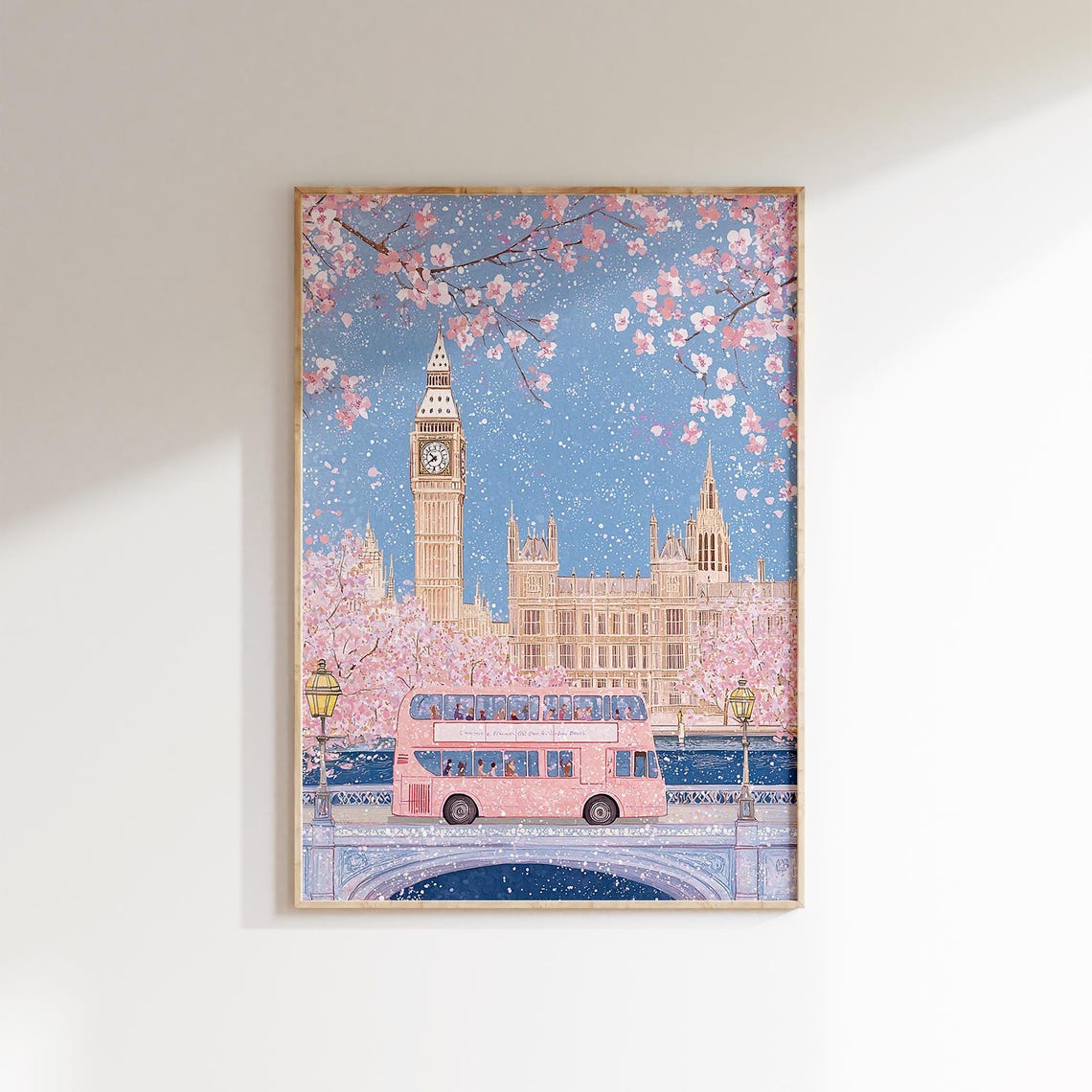 London Big Ben Pink Double Decker Bus Spring Blossom Bridge Poster