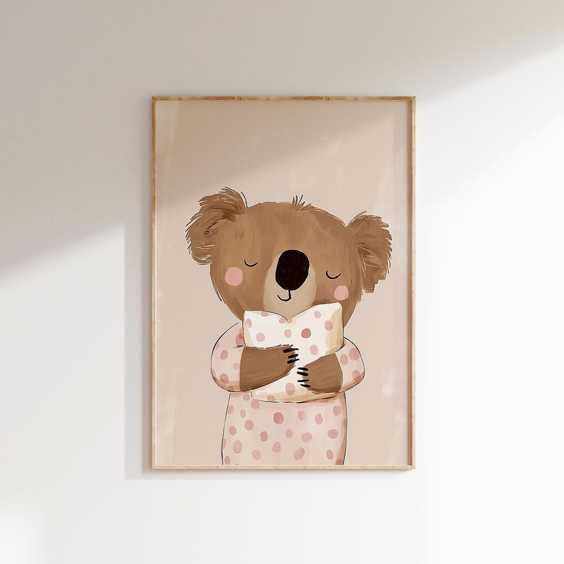 Sleepy Koala In Pink Polka Dot Pajamas Hugging Pillow Nursery Poster - Image 2