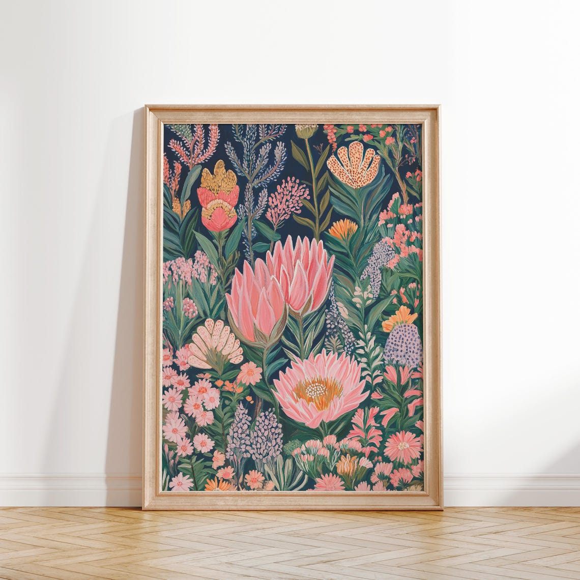 Protea Botanical Pattern Navy Background Pink Coral Floral Poster - Image 2