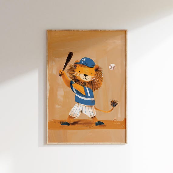 Baseball Lion Wall Art Print Boys Room Sports Decor Nursery Animal Art Playroom
