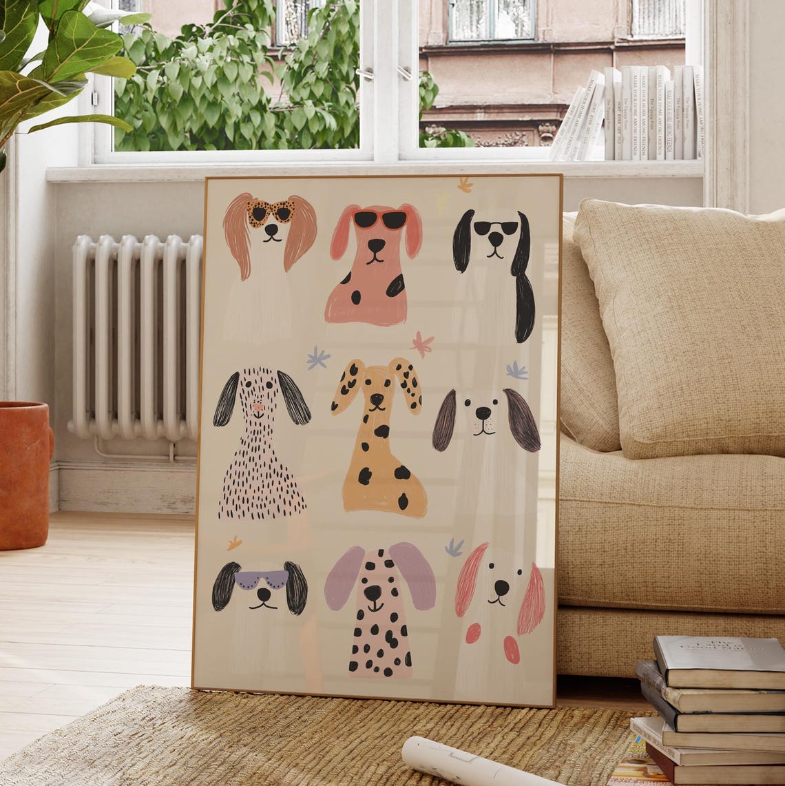 Nine Whimsical Dog Faces Sunglasses Spotted Cream Kids Wall Art Poster - Image 2