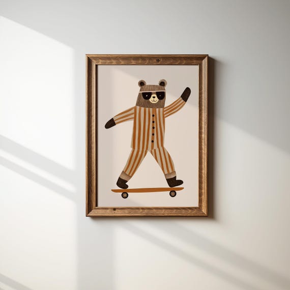 Skateboarding Bear Nursery Wall Art Fun Animal Print For Kids Room Playful Childrens Decor Art