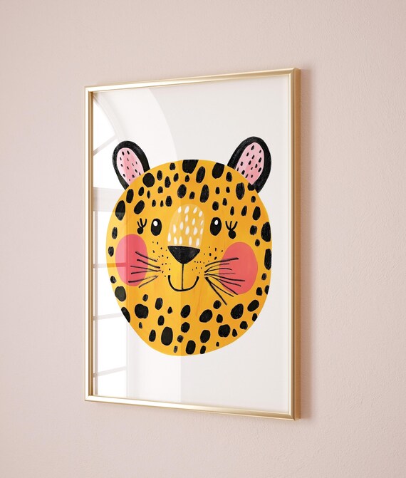 Happy Leopard Face Kids Room Safari Animal Nursery Poster Decor