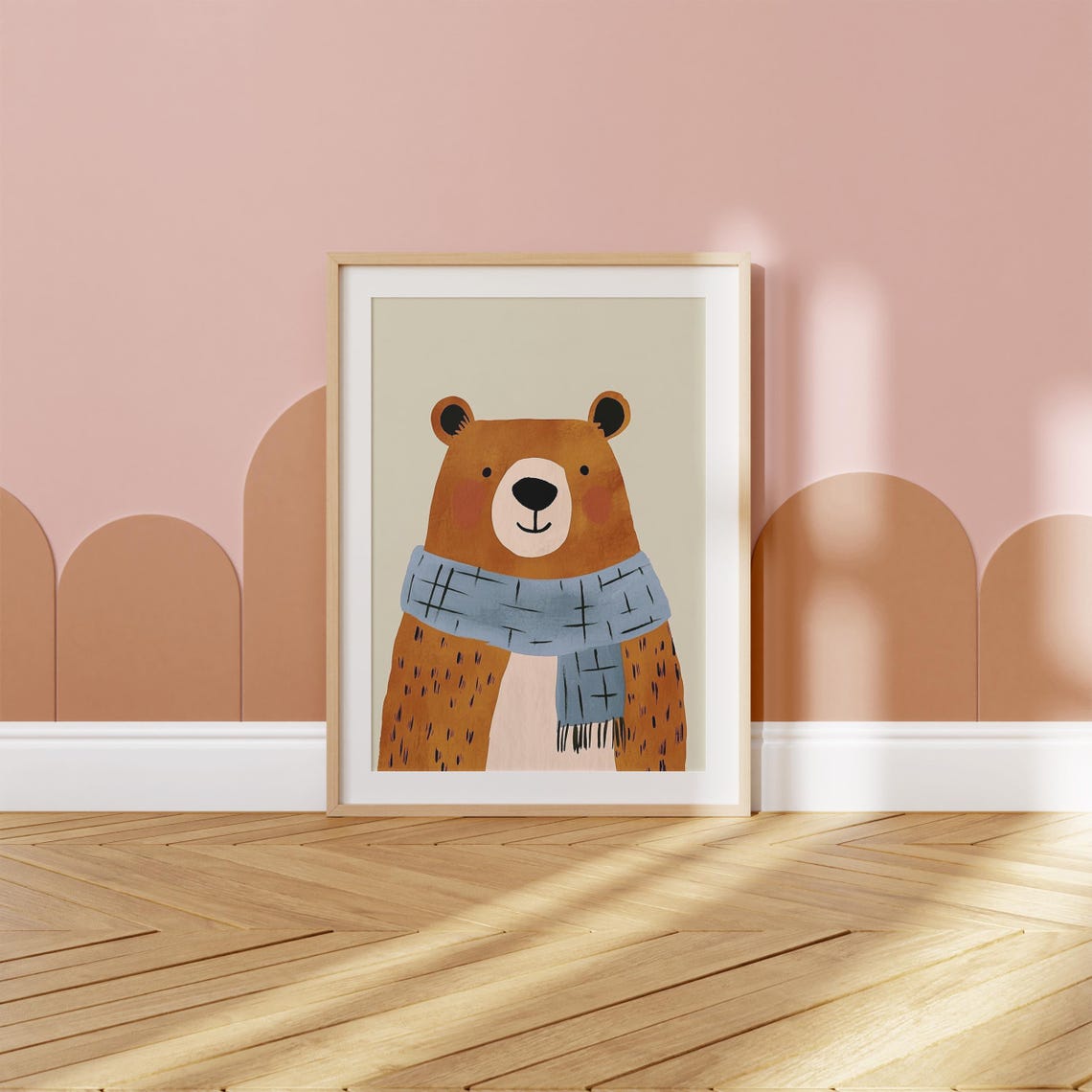 Cute Brown Bear Blue Scarf Winter Cozy Nursery Kids Room Poster - Image 2