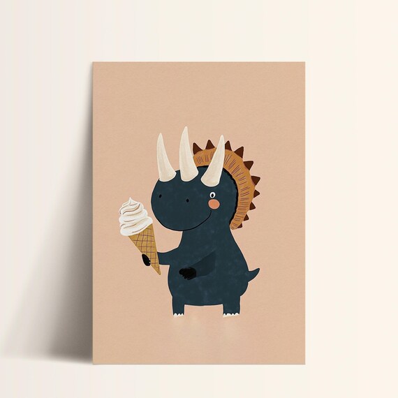 Navy Triceratops Dinosaur Holding Ice Cream Cute Kids Art Poster