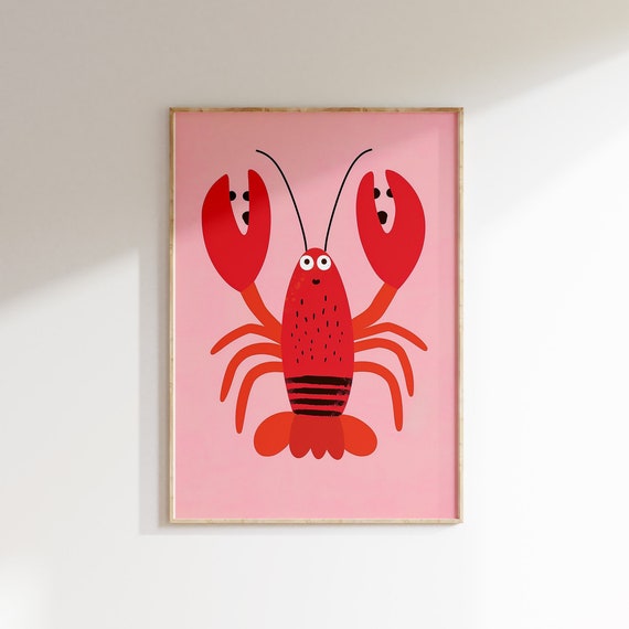 Eclectic Red Lobster Art Cute Animal Nursery Illustration Colorful Kitchen Wall Art Print Playful Coastal Decor