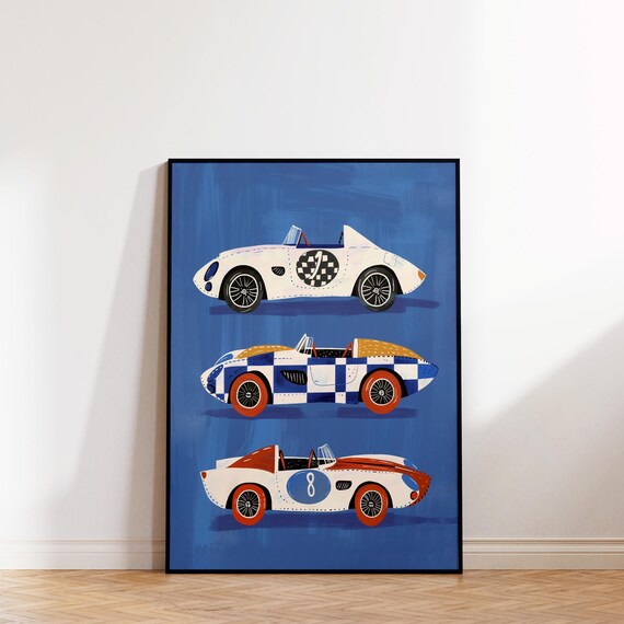 Three Vintage Race Cars Numbers Retro Racing Boys Room Poster