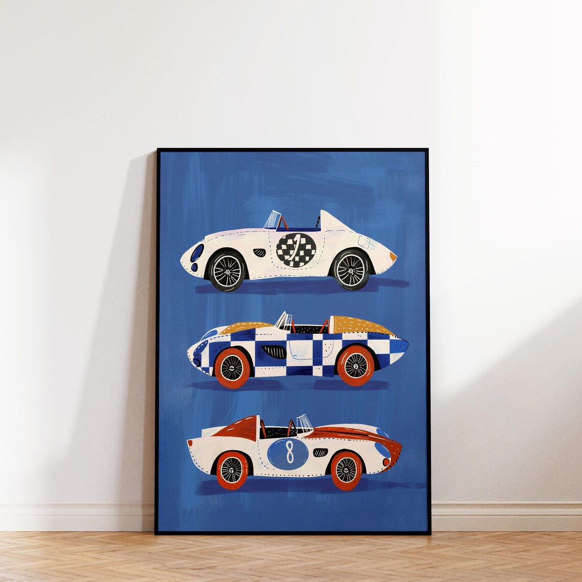 Three Vintage Race Cars Numbers Retro Racing Boys Room Poster