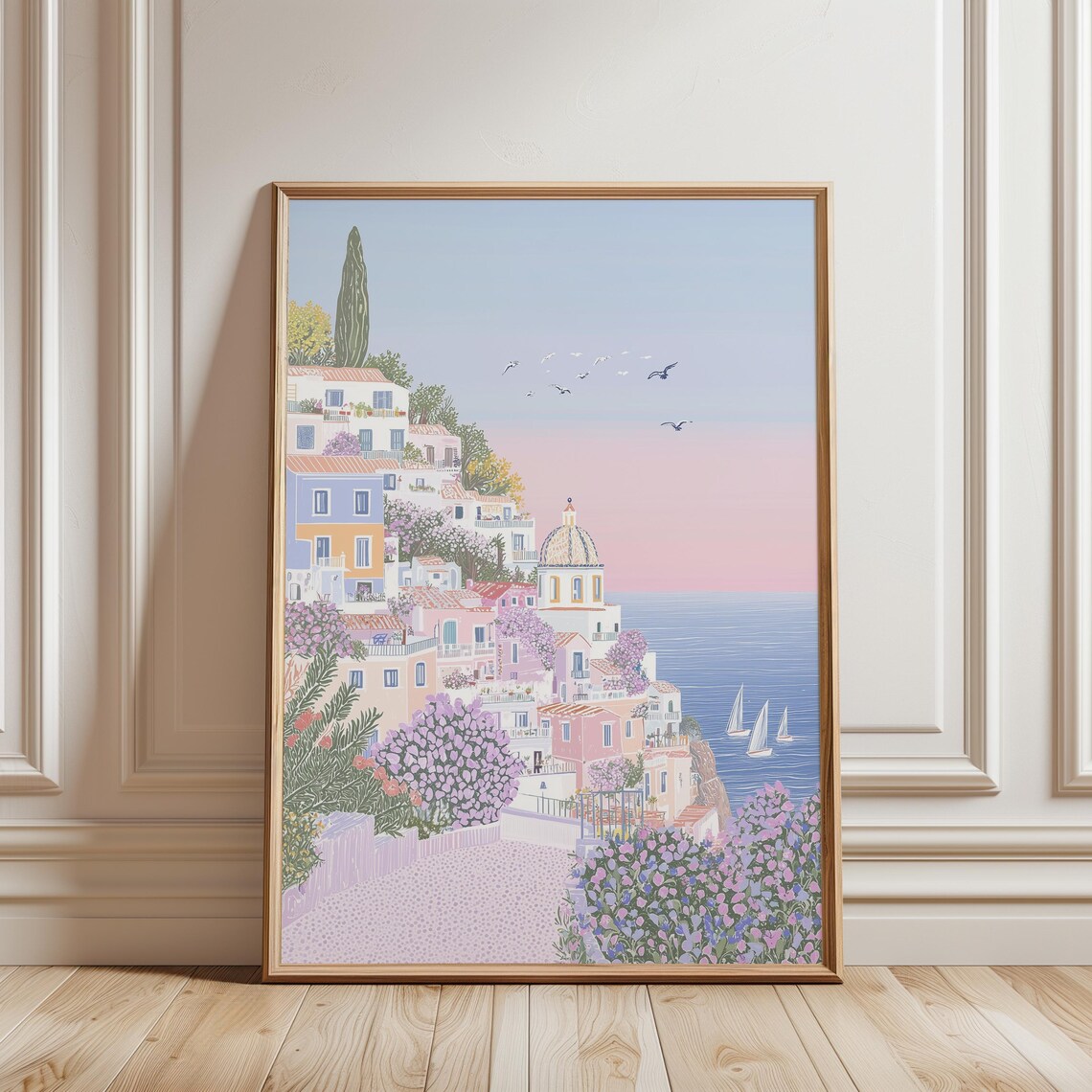 Coastal Cliffside Town at Sunset Sailboats Pink Sky Travel Poster