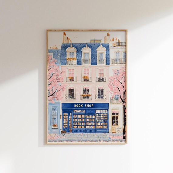 Charming Paris Book Shop with Cherry Blossoms Vintage Street Scene Poster