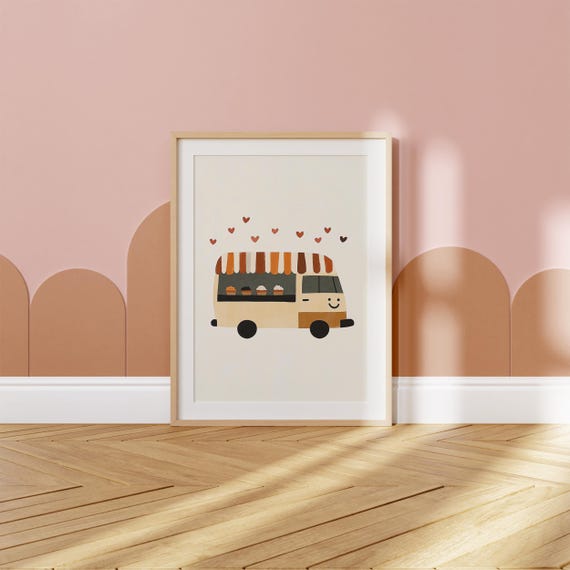 Cupcake Food Truck Print Kids Room Wall Art Playroom Poster Cute Food Decor