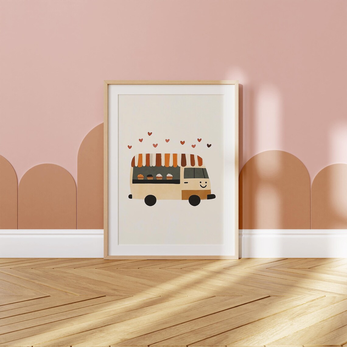 Cute Cupcake Food Truck Striped Awning Hearts Kids Room Art Poster