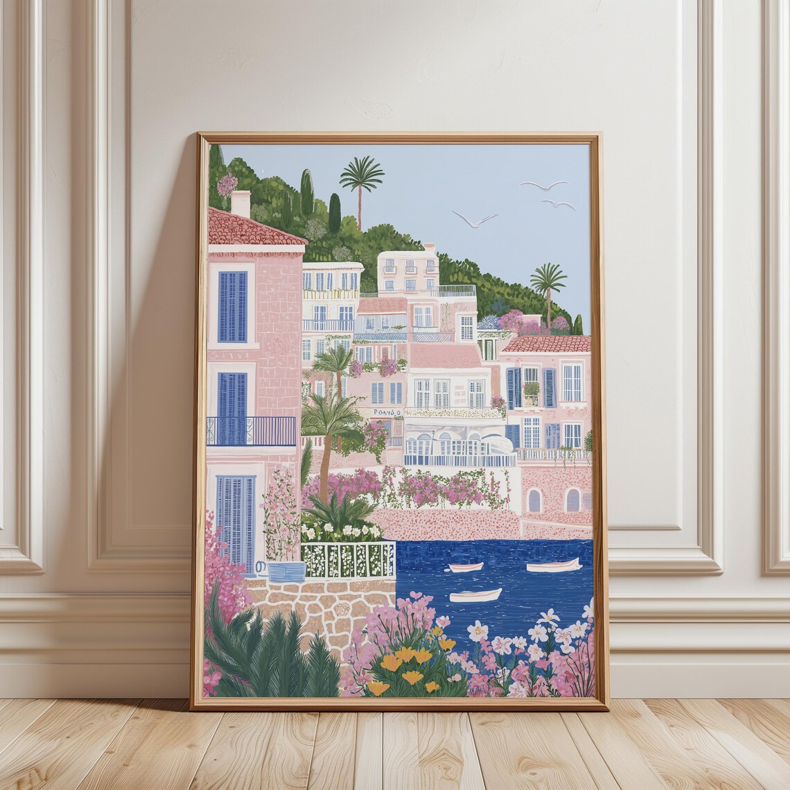 Pink Mediterranean Villa Bougainvillea Coastal Boats Summer Poster