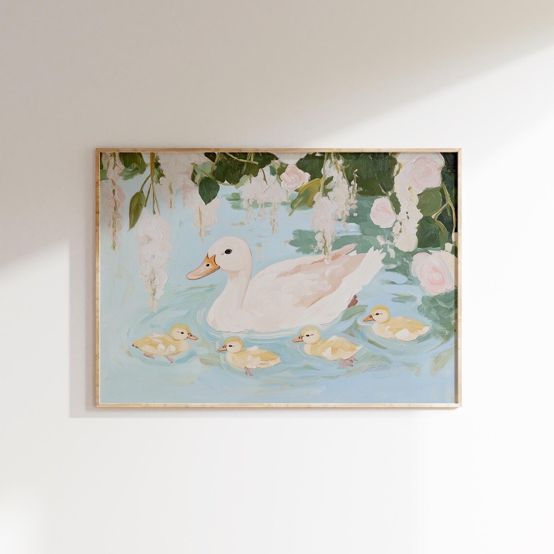 Mother Duck With Four Ducklings Blossom Pond Oil Painting Poster - Image 3