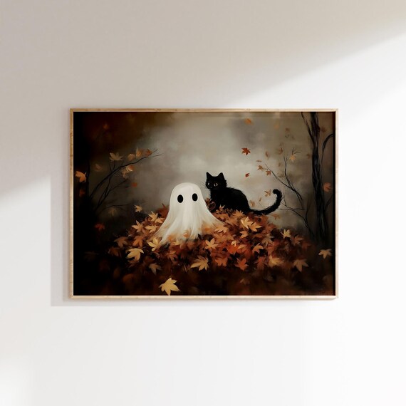 Ghost And Black Cat Playing In Falling Autumn Leaves At Night Poster