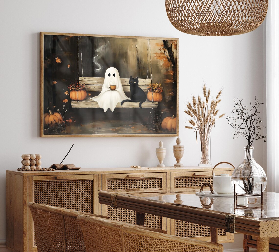 Ghost and Black Cat Sharing Tea on a Porch Swing Cozy Autumn Art Poster - Image 2