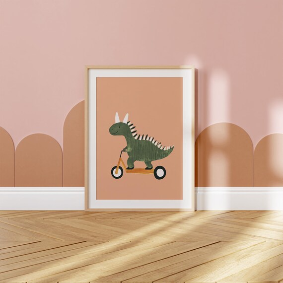 Green Dinosaur Riding Orange Scooter Cute Kids Dino Room Poster