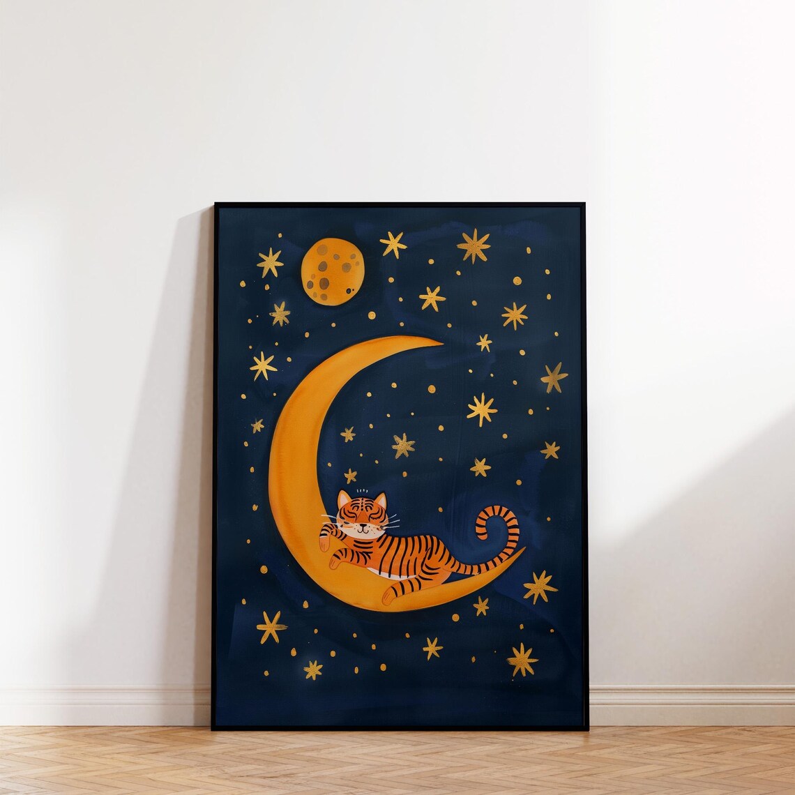 Tiger Sleeping On Crescent Moon Starry Night Kids Room Decor Art Poster - Image 2