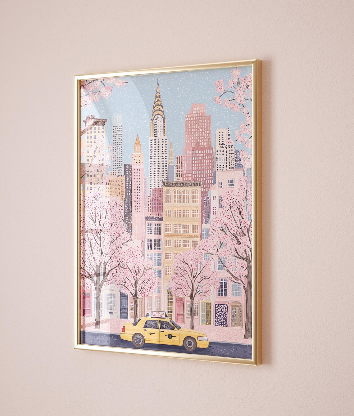 New York Spring Blossoms Yellow Taxi Chrysler Building Pink Poster - Image 2