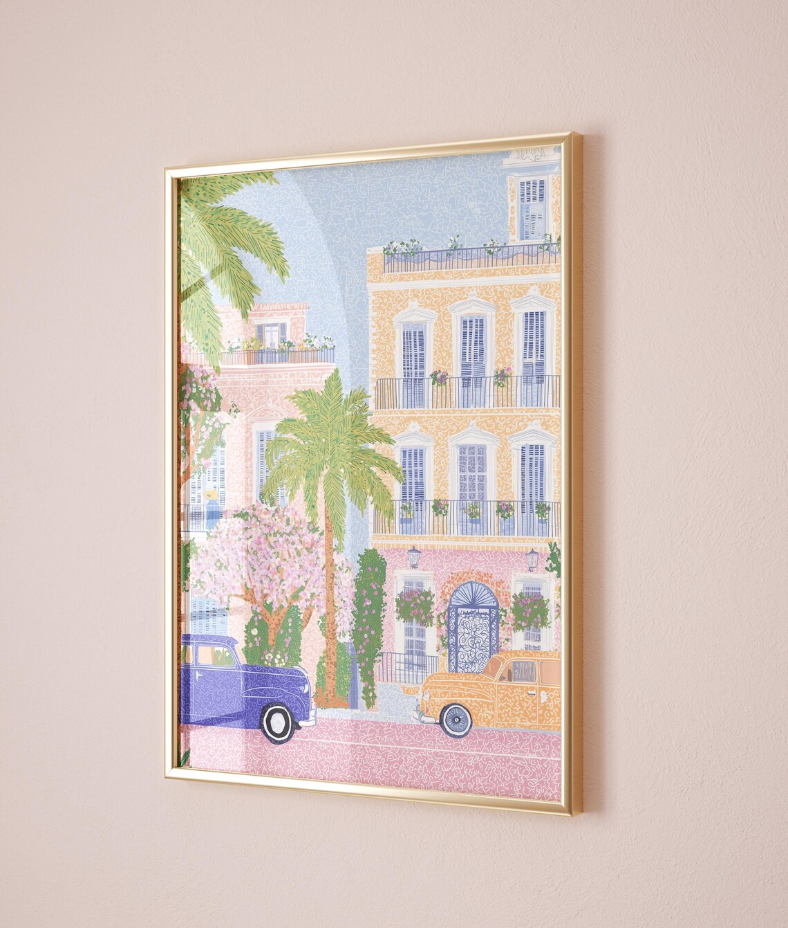 Mediterranean Summer Street Vintage Cars Pastel Buildings Poster - Image 5
