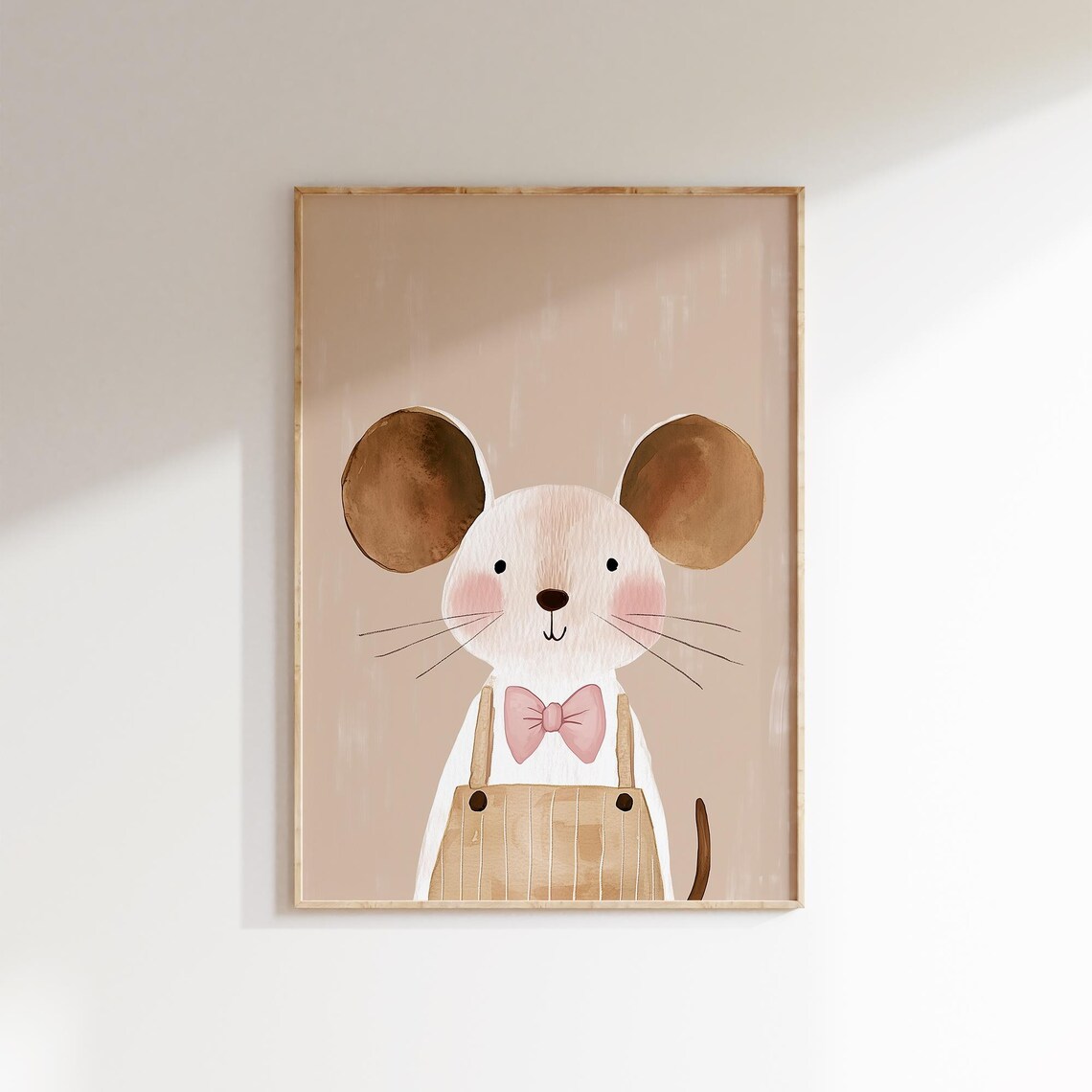 Cute Mouse Overalls Pink Bow Watercolor Beige Nursery Kids Wall Art - Image 2