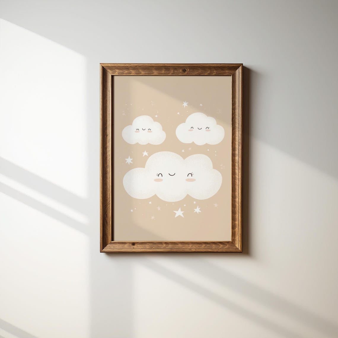 Cute Smiling Clouds Stars Dreamy Beige Nursery Baby Room Poster