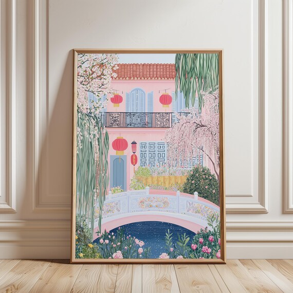Chinese Garden Red Lanterns Arched Bridge Blossom Spring Poster