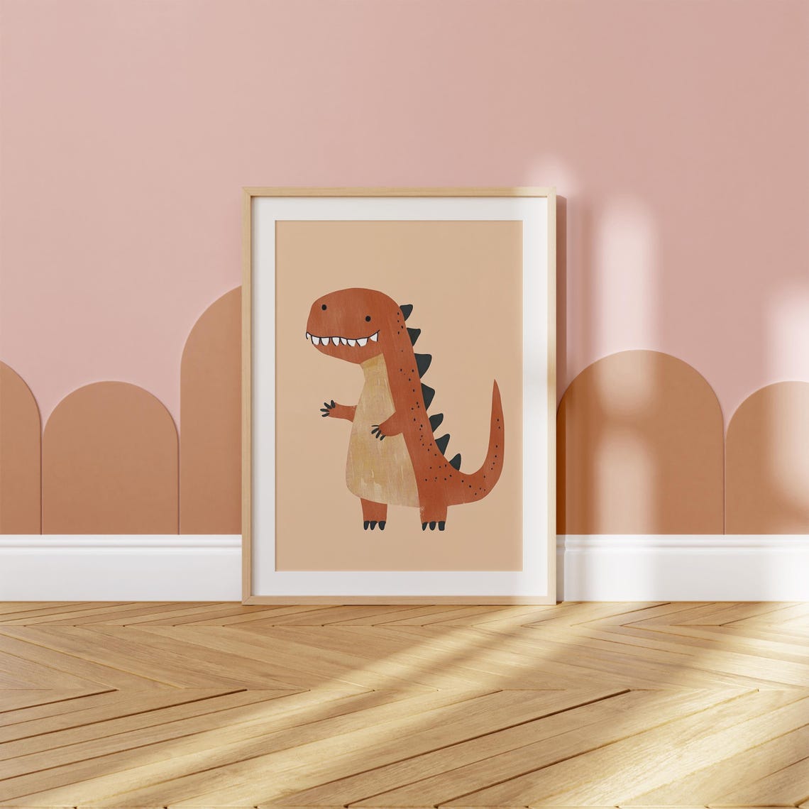 Smiling Orange T Rex Dinosaur Beige Nursery Kids Room Poster - Image 2