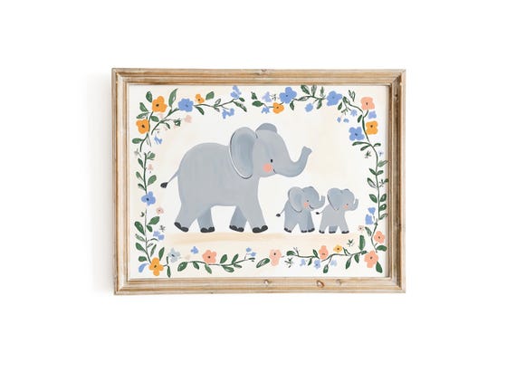 Elephant Family Wall Art Nursery Print Blue Orange Floral Border Safari Baby Room Decor