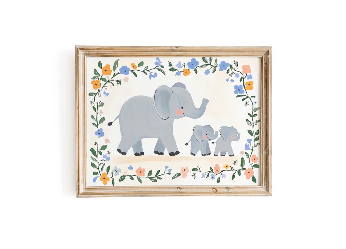 Elephant Mother And Babies Safari Nursery Floral Wreath Baby Animal Poster
