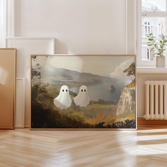 Two Ghosts in Mysterious Landscape Art Poster Vintage Halloween