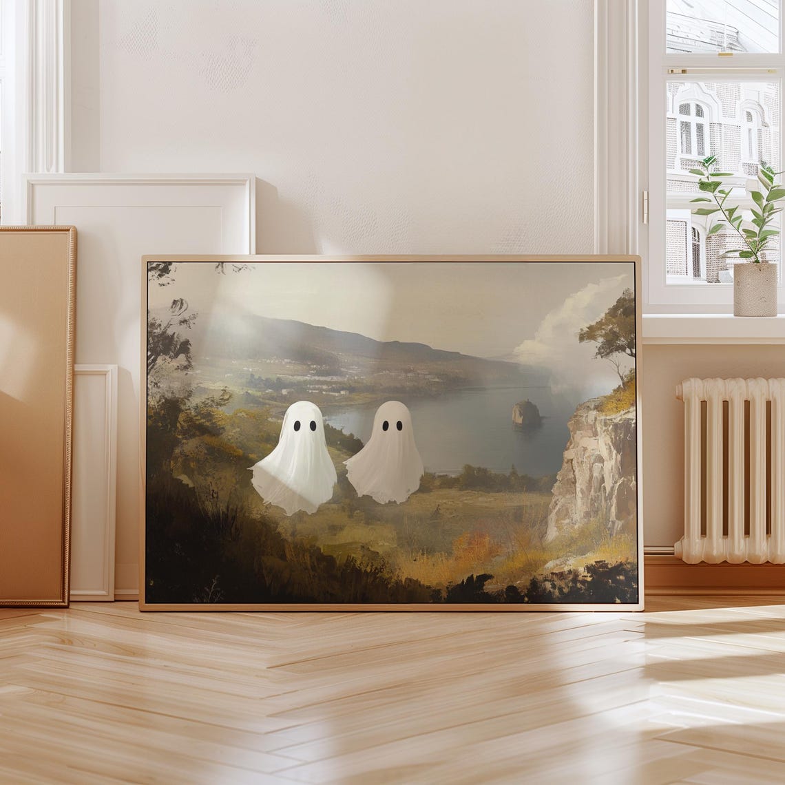 Two Ghosts in Mysterious Landscape Art Poster Vintage Halloween